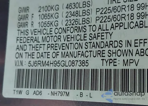 2016 Honda Cr-V Touring from USA, damaged, VIN 5J6RM4H95GL087385